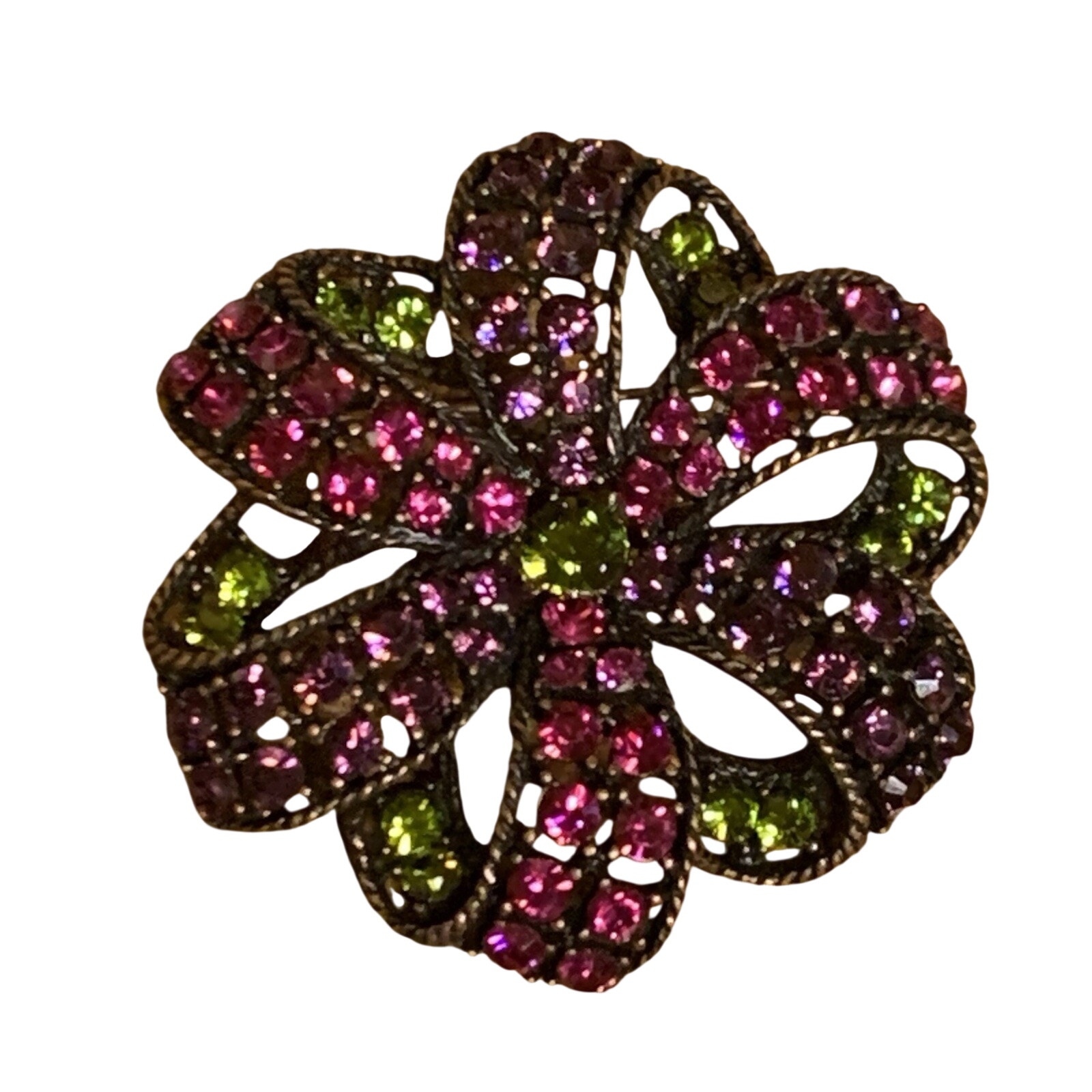 Rj Graziano Brooch Signed Hot Pink, Purple & Green Ribbon Flower Vintage